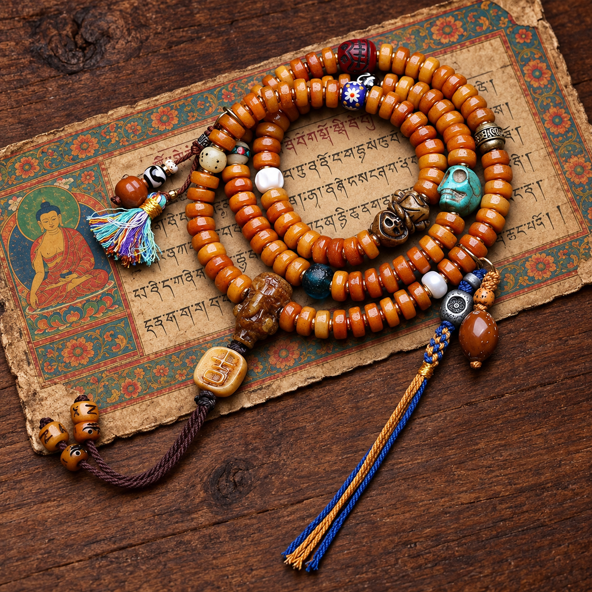 EverestArtstudios Yak Bone 108-Bead Mala with Camel Bone and Elephant Motif Accents — styled on wood with a scripture display prop