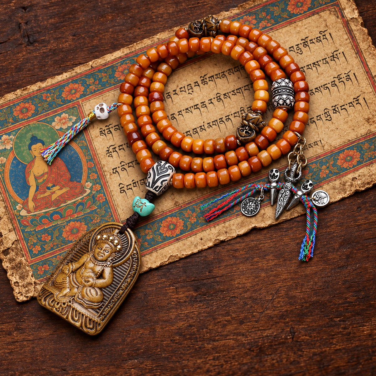 EverestArtstudios Yak Bone 108-Bead Mala with Wealth Deity Pendant and Camel Bone Accents — styled on wood with a scripture display prop