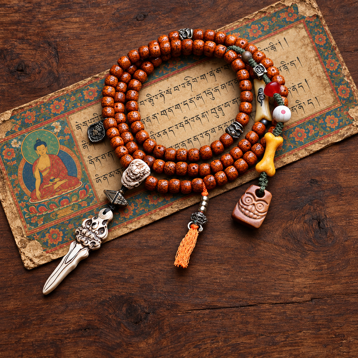 EverestArtstudios Xingyue Bodhi 108-Bead Mala with Yak Bone and Dragon Motif Accents — styled on wood with a scripture display prop