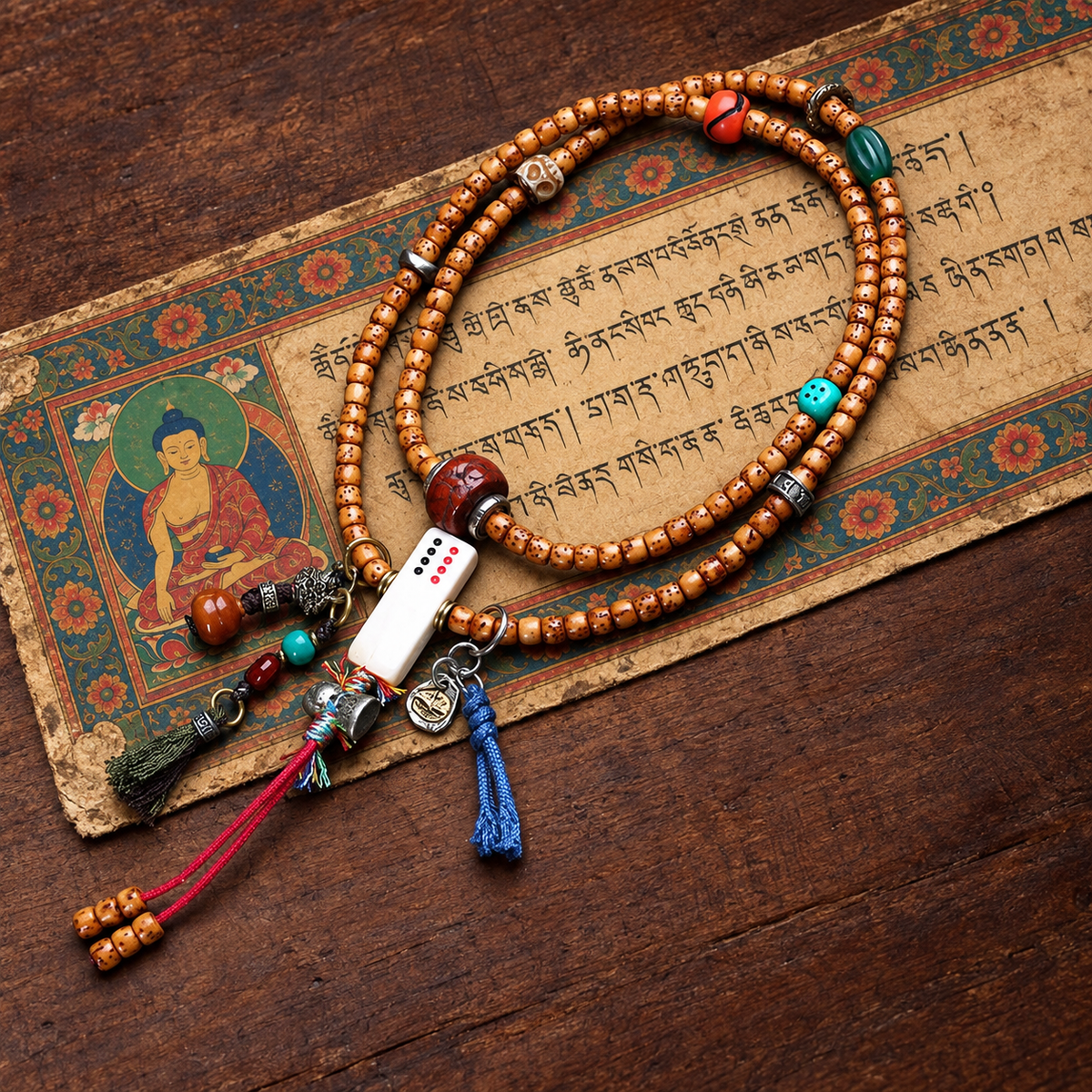 EverestArtstudios Xingyue Bodhi 108-Bead Mala with Phoenix Eye Bodhi and Agate Accents — styled on wood with a scripture display prop
