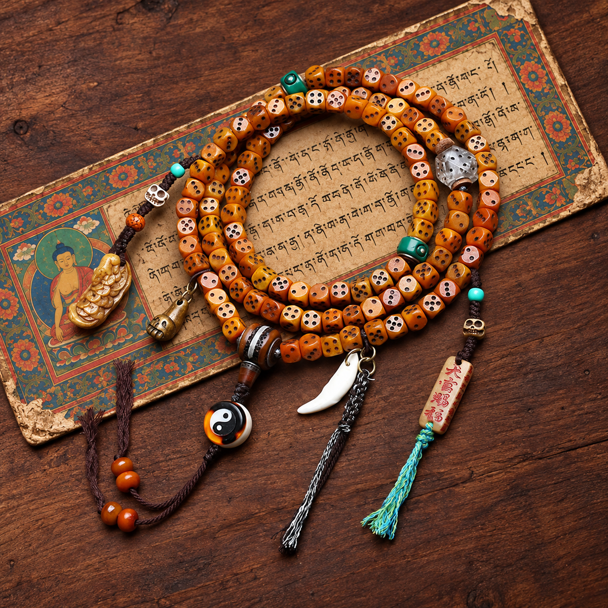EverestArtstudios Dice-Carved Yak Bone 108-Bead Mala with Camel Bone Accents — styled on wood with a scripture display prop