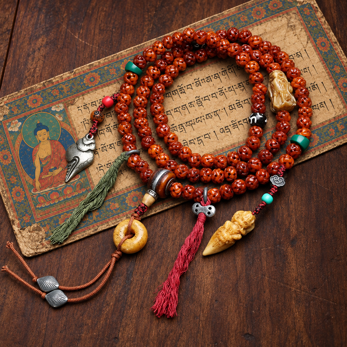 EverestArtstudios Carved Bone 108-Bead Mala with Safety Ring and Bird Motif Charms — styled on wood with a scripture display prop