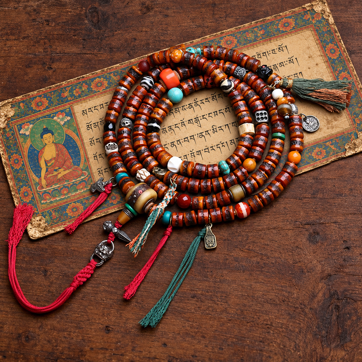 EverestArtstudios Yak Bone 108-Bead Mala with Agate and Turquoise Accents
