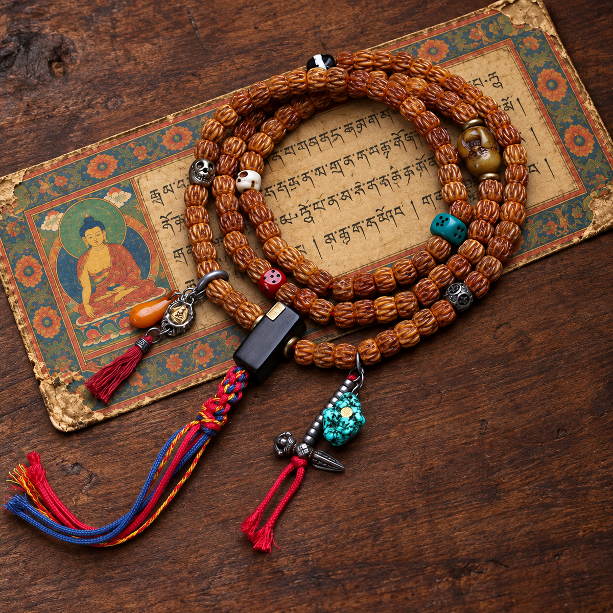 EverestArtstudios Carved Yak Bone 108-Bead Mala with Camel Bone and Sandalwood Accents
