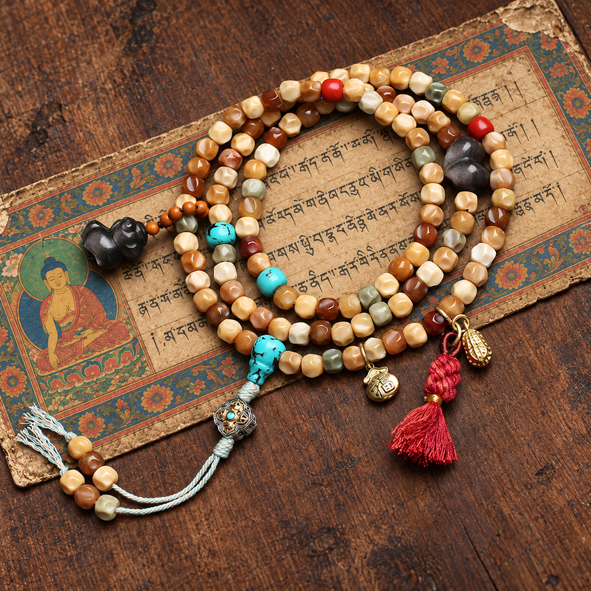EverestArtstudios Faceted Bodhi 108-Bead Mala with Turquoise and Obsidian Accents
