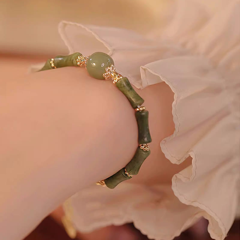 EverestArtStudios 14K Copper Plated Peridot Hetian Jade Bamboo Motif Fortune Bracelet