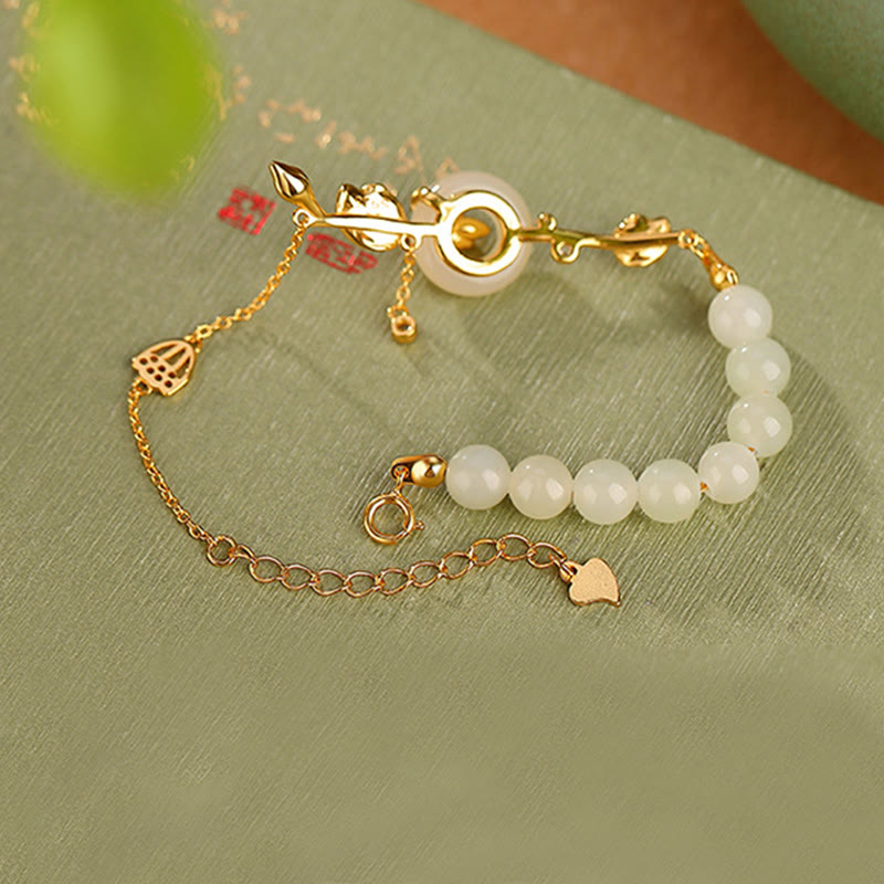 EverestArtstudios 925 Sterling Silver Hetian Jade Peace Buckle Lotus Luck Chain Bracelet