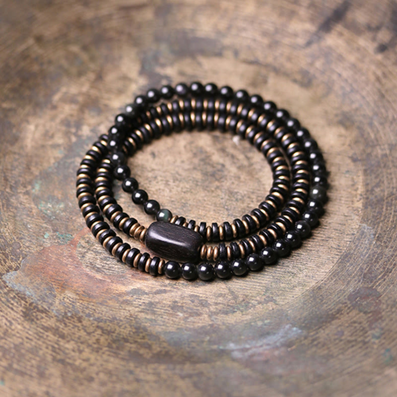 EverestArtstudios Rainbow Obsidian Ebony Wood Copper Healing Triple Wrap Bracelet
