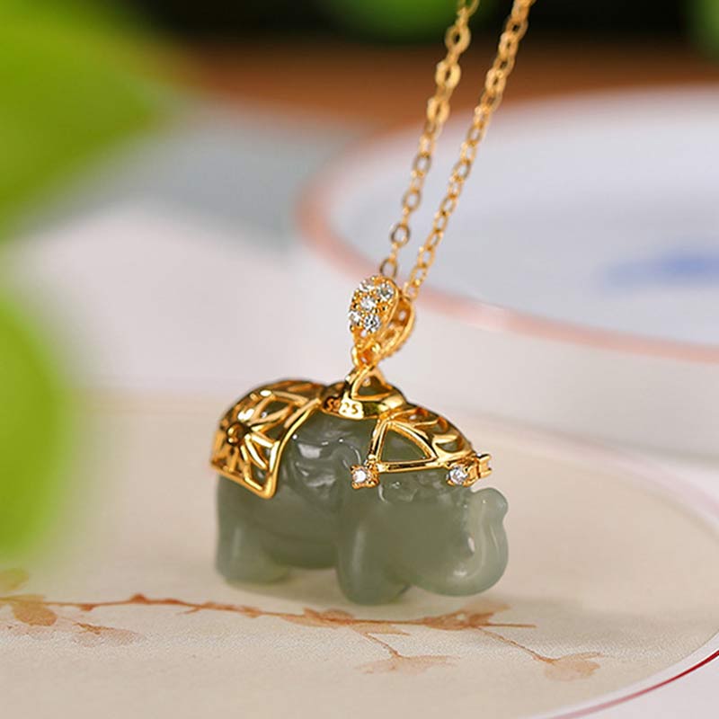 EverestArtstudios 925 Sterling Silver Jade Elephant Blessing Fortune Necklace Chain Pendant