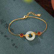 EverestArtstudios 925 Sterling Silver Plated Gold Natural Hetian Jade Peace Buckle Red Agate Luck Bracelet