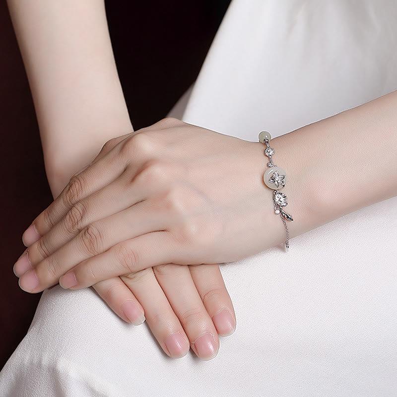 EverestArtstudios 925 Sterling Silver Hetian Jade Peace Buckle Lotus Luck Chain Bracelet