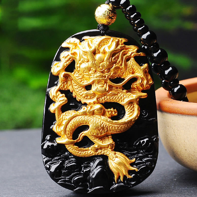 EverestArtstudios 18k Gold-plated Dragon Obsidian Lucky Pendant Necklace