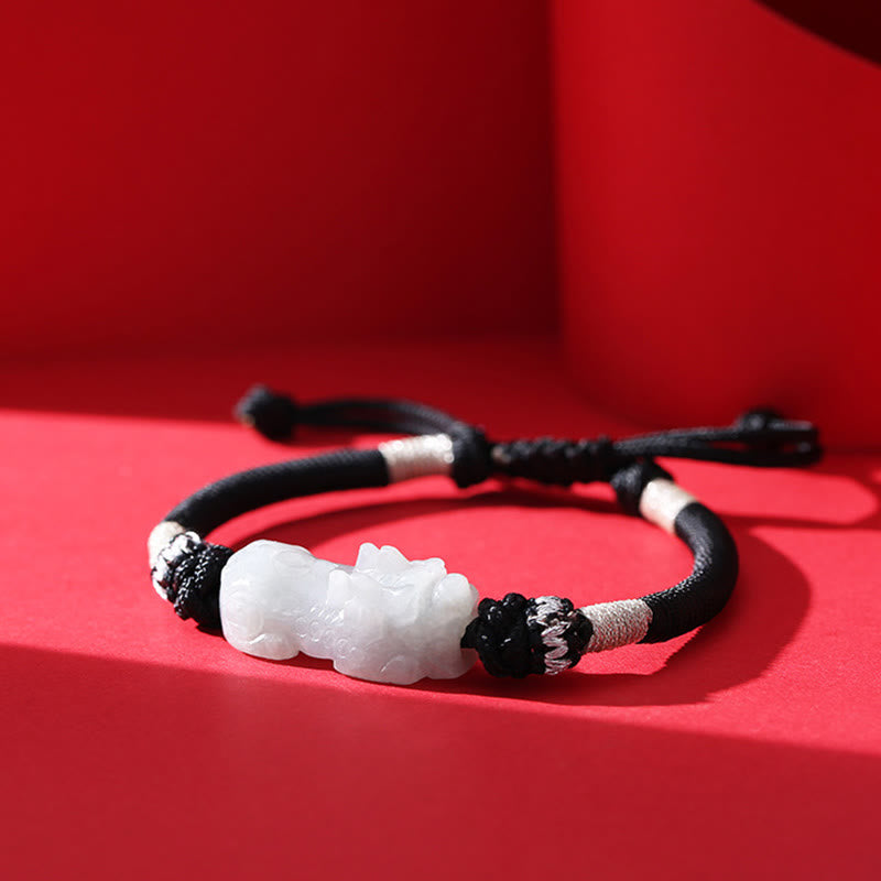 EverestArtstudios Handmade Natural Jade PiXiu Luck Prosperity Braided String Bracelet