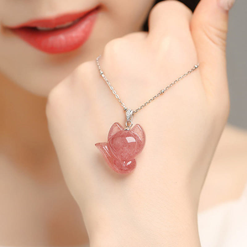EverestArtstudios 925 Sterling Silver Plated 14k Gold Strawberry Quartz Fox Healing Necklace Pendant