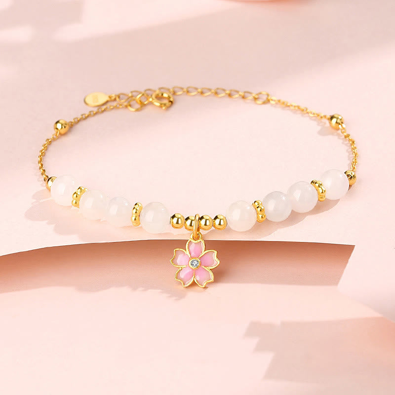 EverestArtstudios 925 Sterling Silver Hetian White Jade Cherry Blossom Protection Bracelet