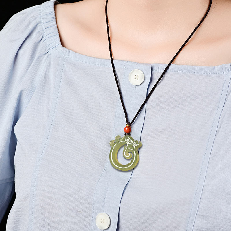 EverestArtstudios White Jade Cyan Jade Dragon Protection Necklace String Pendant