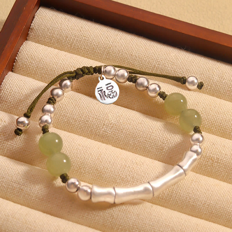 EverestArtstudios 925 Sterling Silver Natural Jade Fu Character Bamboo Abundance Bracelet
