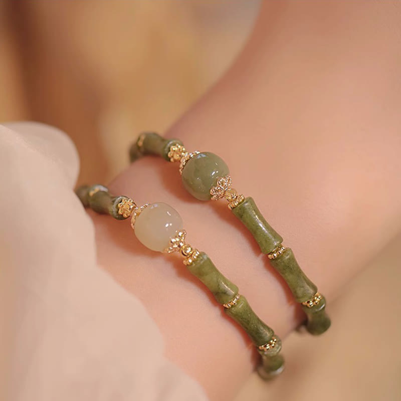 EverestArtStudios 14K Copper Plated Peridot Hetian Jade Bamboo Motif Fortune Bracelet