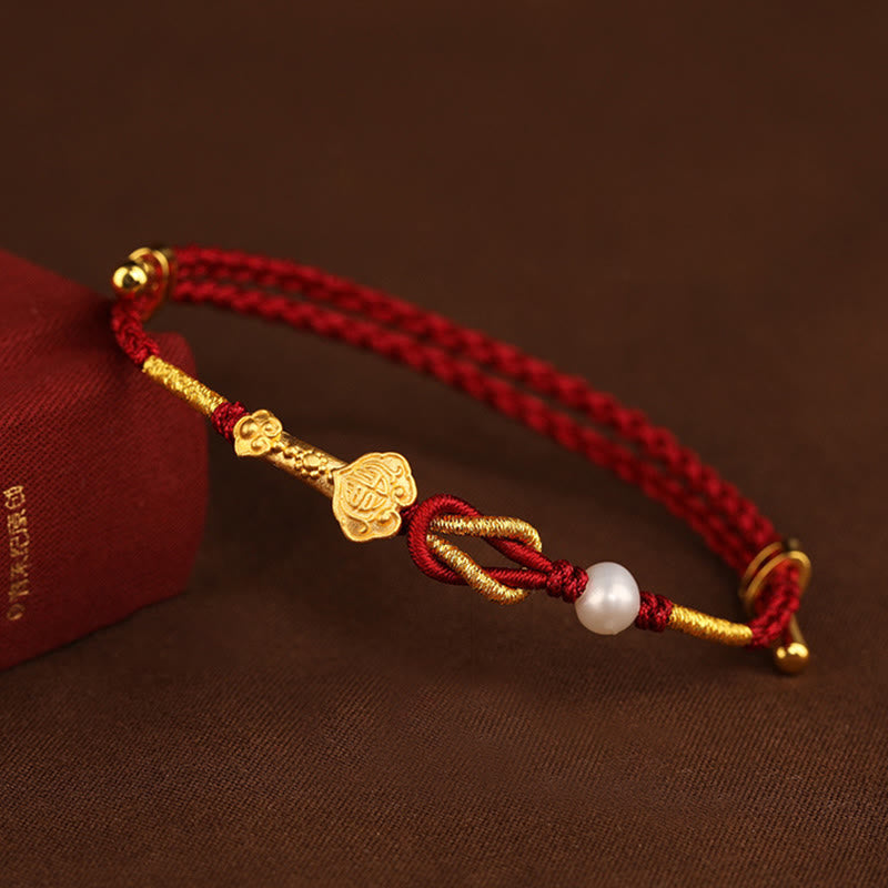 EverestArtStudios 24K Gold Wish Ruyi Handle Fu Character Rabbit Pearl Luck Braided Bracelet