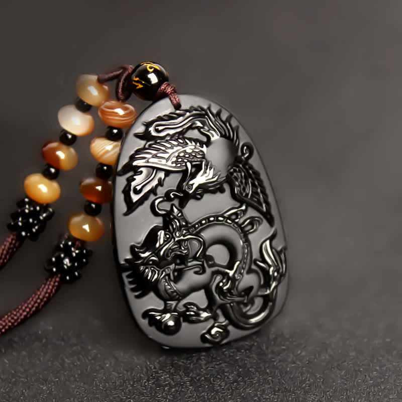 EverestArtstudios Black Obsidian Tiger Eye Dragon Phoenix Protection Beaded Necklace Pendant