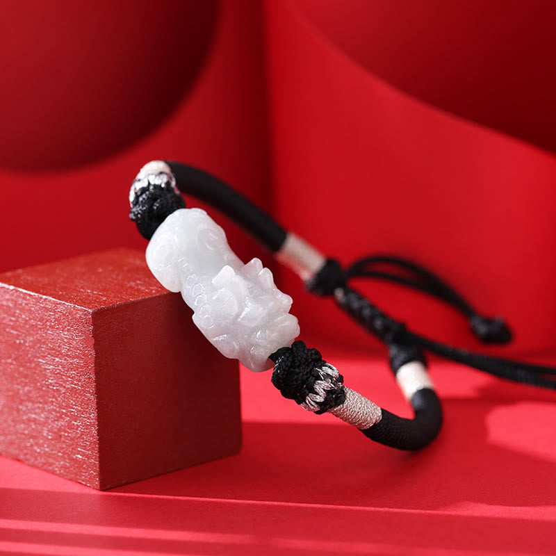EverestArtstudios Handmade Natural Jade PiXiu Luck Prosperity Braided String Bracelet