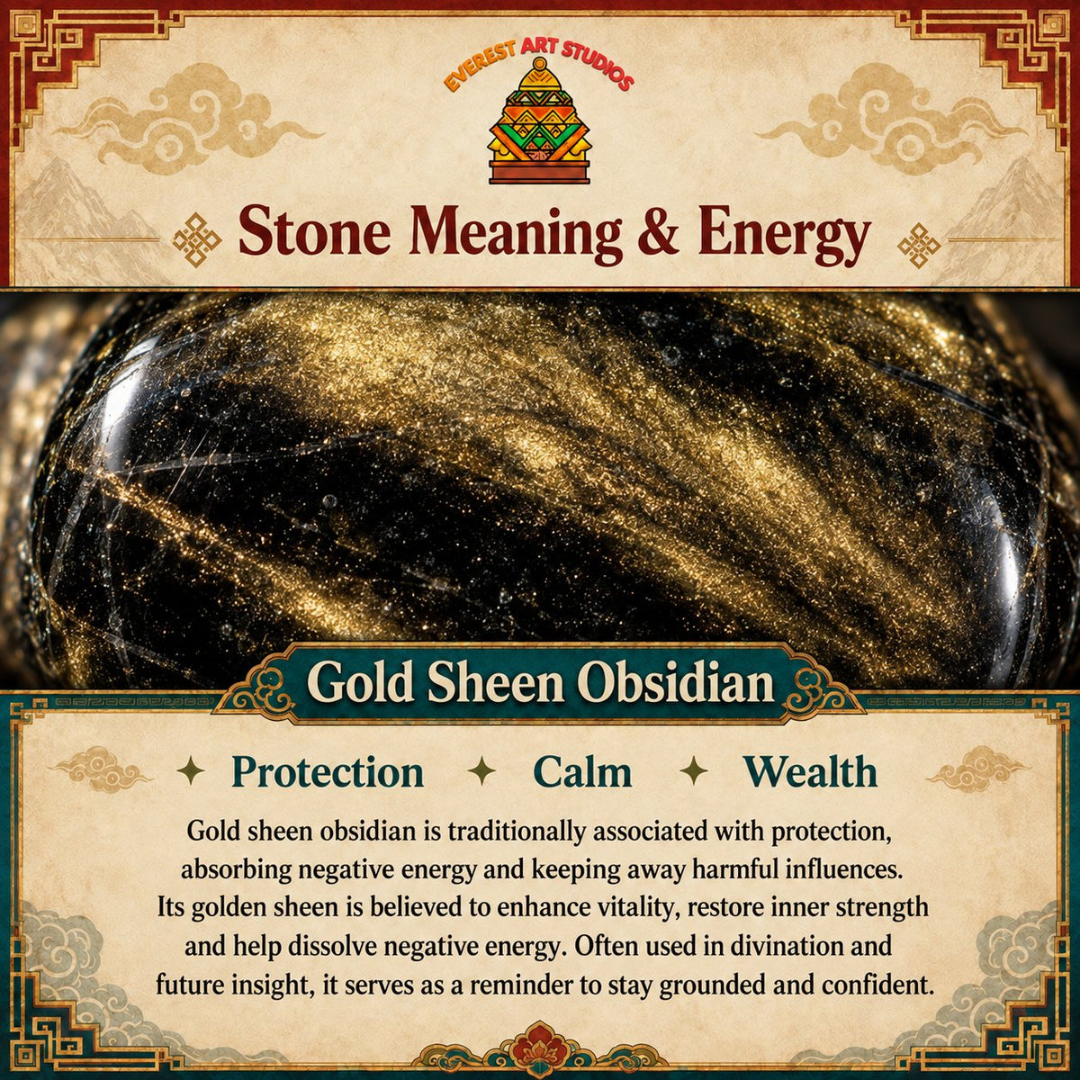 EverestArtstudios gold sheen obsidian meaning and symbolism