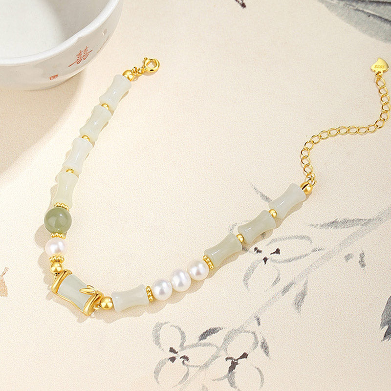 EverestArtstudios 925 Sterling Silver Natural Hetian White Jade Bamboo Luck Blessing Bracelet