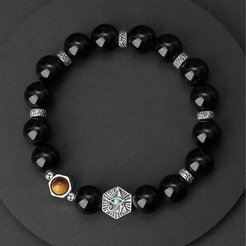 EverestArtstudios 925 Sterling Silver Black Obsidian Tiger Eye Eye of Providence Purification Bracelet