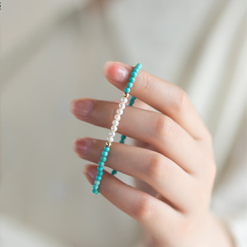 EverestArtStudios 925 Sterling Silver Natural Turquoise Pearl Beaded Bracelet