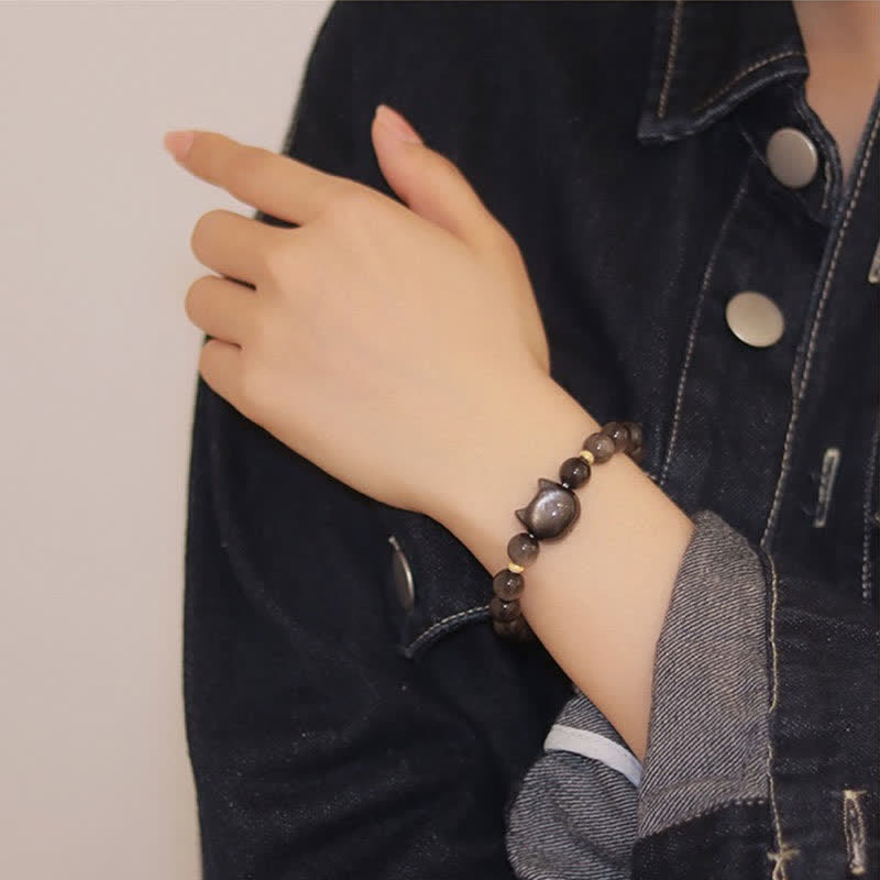EverestArtStudios Gold Sheen Obsidian Silver Sheen Obsidian Cute Paw Fortunate Cat Protective Bracelet