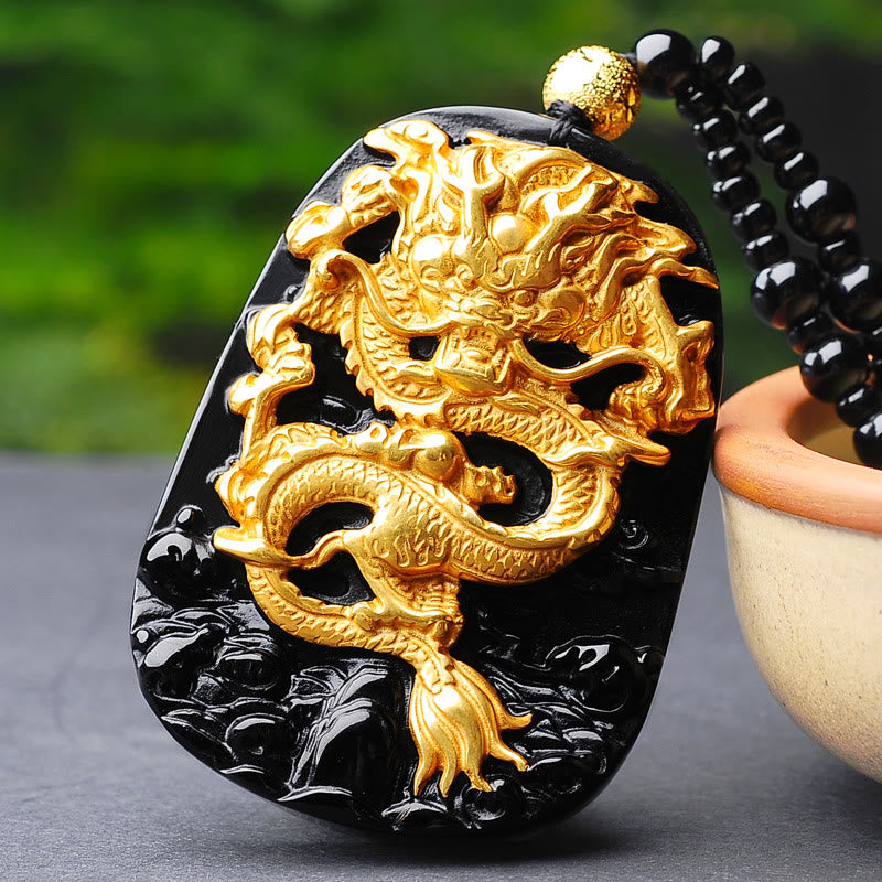 EverestArtstudios 18k Gold-plated Dragon Obsidian Lucky Pendant Necklace
