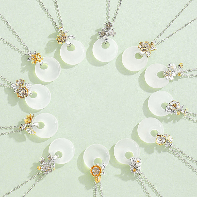 EverestArtstudios 925 Sterling Silver Round Chalcedony Twelve Months Flower Harmony Necklace Pendant