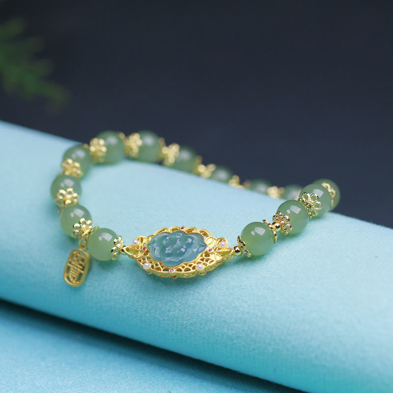 EverestArtstudios 925 Sterling Silver Plated 14K Gold Hetian Jade Lotus Luck Bracelet