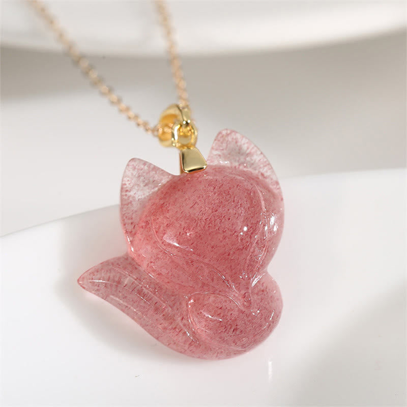 EverestArtstudios 925 Sterling Silver Plated 14k Gold Strawberry Quartz Fox Healing Necklace Pendant