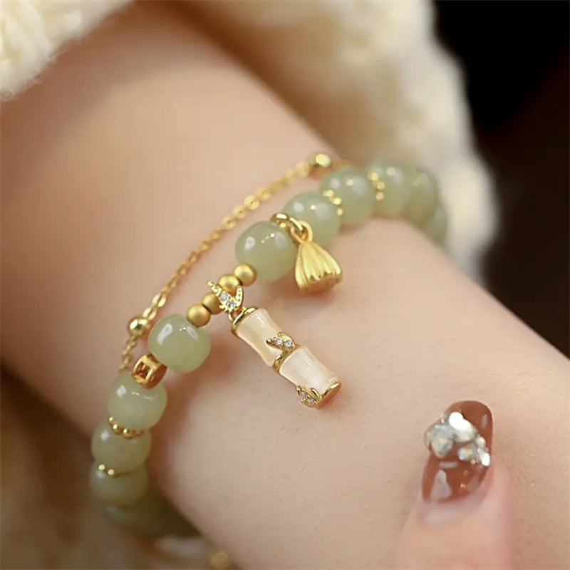 EverestArtstudios Natural Hetian Jade Prosperity Lotus Bamboo Charm Bracelet