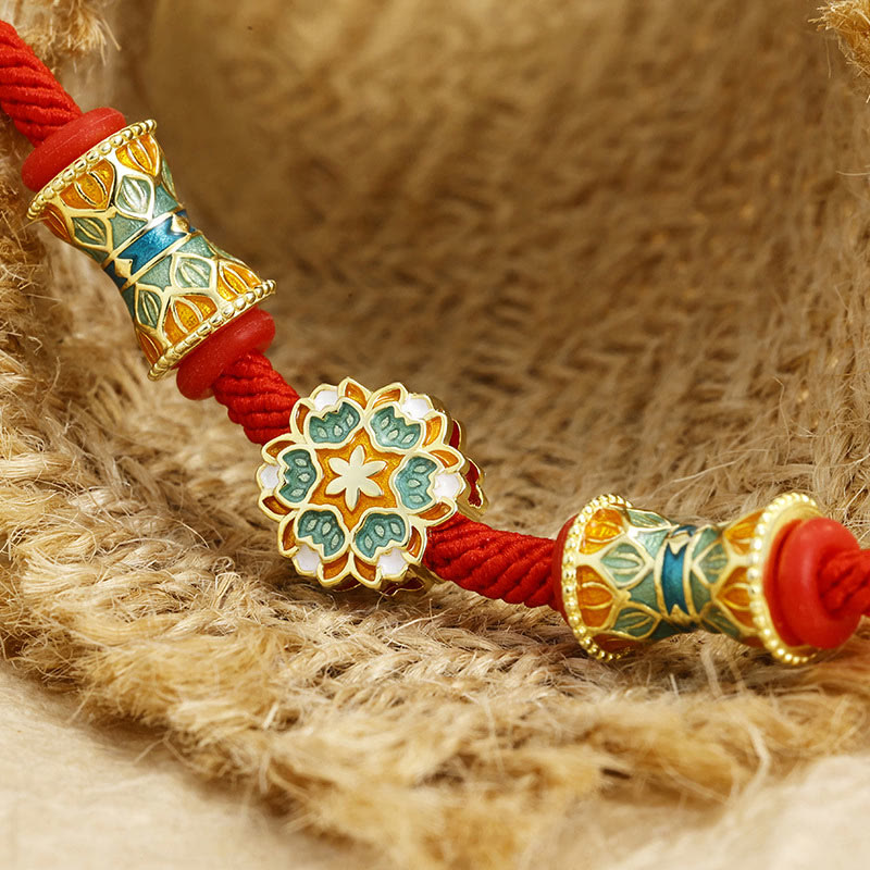 EverestArtStudios Dunhuang 925 Sterling Silver Lotus Drum New Beginning Red Cord Bracelet