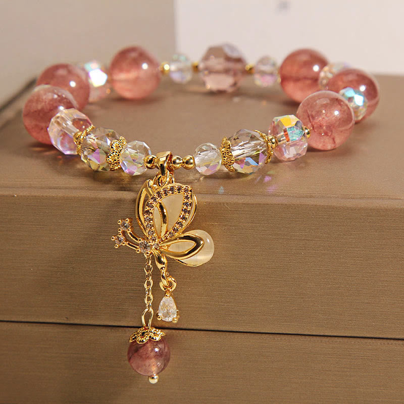EverestArtStudios Genuine Strawberry Quartz Therapeutic Uplifting Butterfly Pendant Bracelet