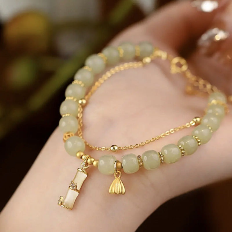 EverestArtstudios Natural Hetian Jade Prosperity Lotus Bamboo Charm Bracelet