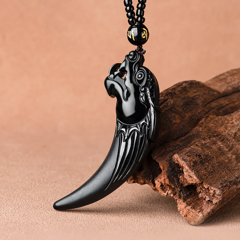 EverestArtstudios Natural Black Jade Chinese Zodiac Dragon Tooth Pattern Protection Necklace Pendant