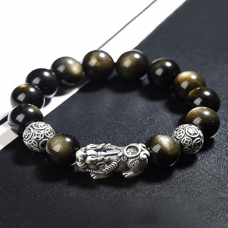 EverestArtstudios 925 Sterling Silver Natural Gold Sheen Obsidian PiXiu Wealth Protection Bracelet