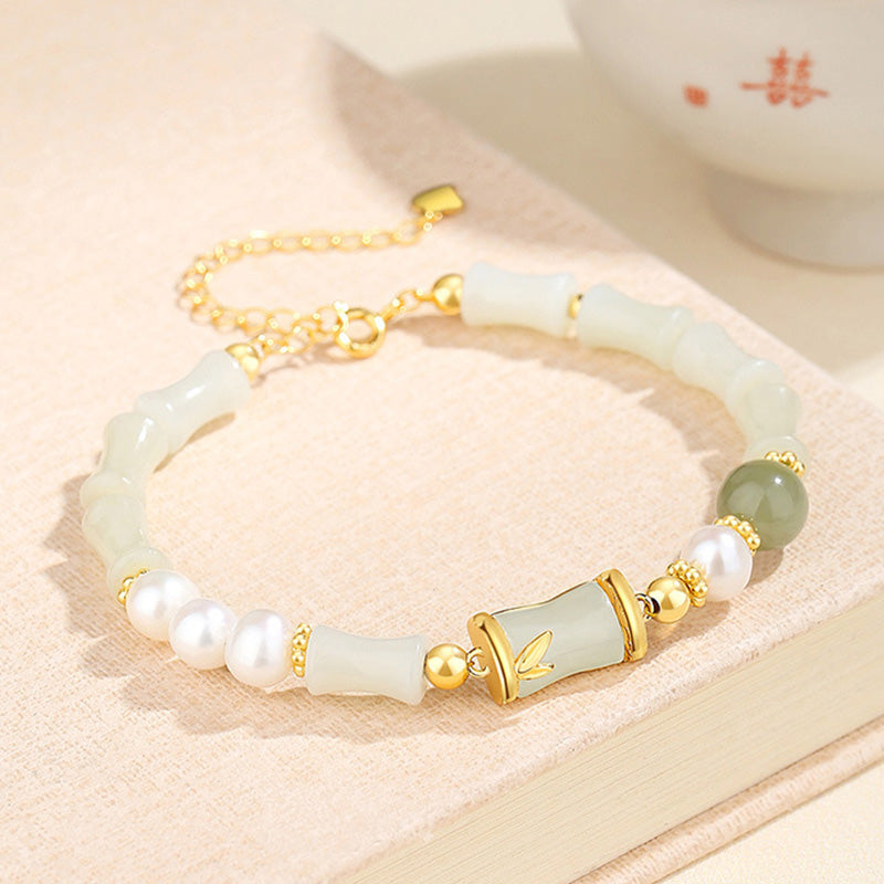 EverestArtstudios 925 Sterling Silver Natural Hetian White Jade Bamboo Luck Blessing Bracelet