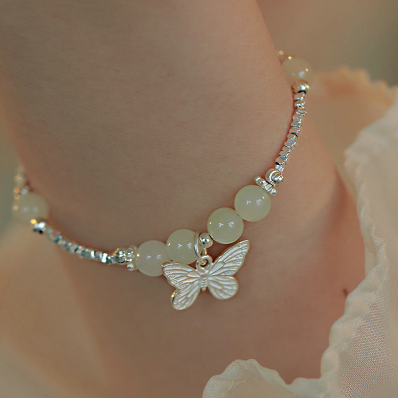 EverestArtstudios 925 Sterling Silver Natural Hetian Jade Luck Butterfly Charm Bracelet