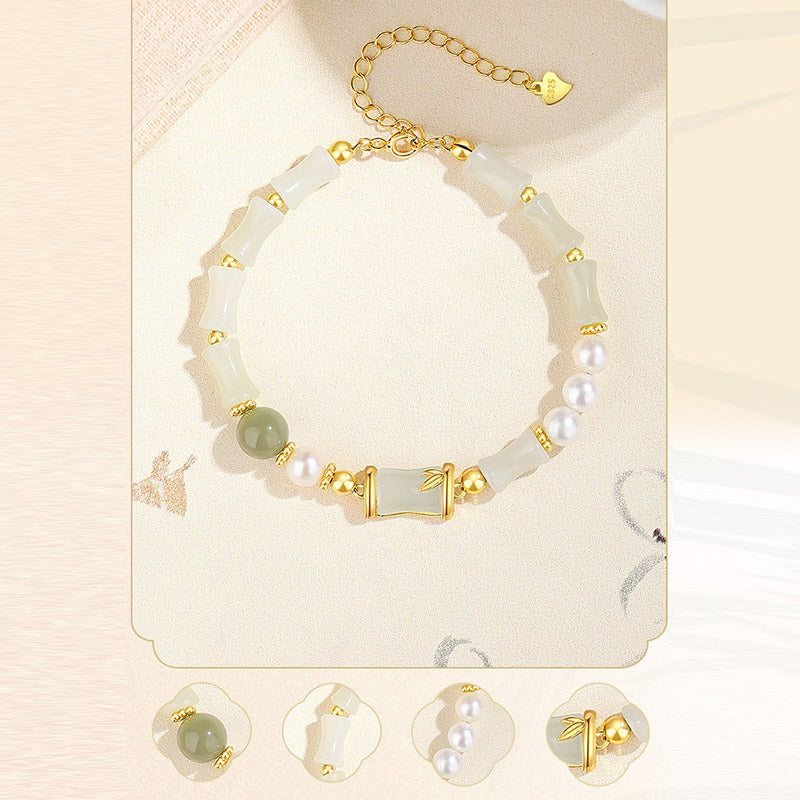 EverestArtstudios 925 Sterling Silver Natural Hetian White Jade Bamboo Luck Blessing Bracelet