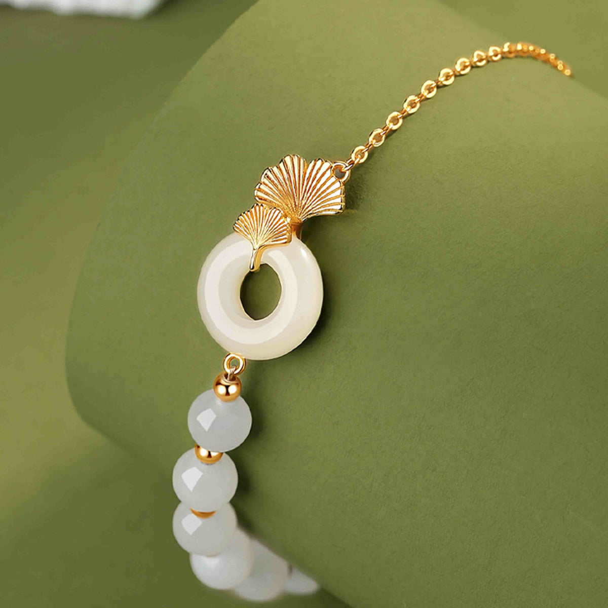 EverestArtstudios 925 Sterling Silver Hetian White Jade Peace Buckle Ginkgo Leaf Luck Bracelet