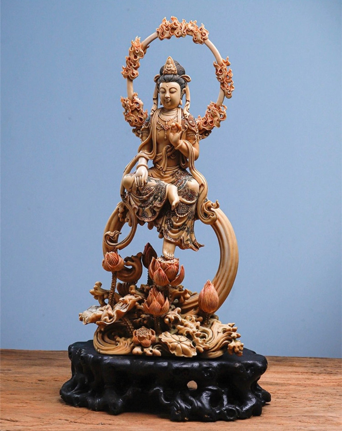 EverestArtStudios Natural Reclaimed Mammoth Ivory Water Moon Guanyin Avalokiteshvara Statue, Hand Carved Bodhisattva Sculpture, Buddhist Altar Decor, Collectible Art