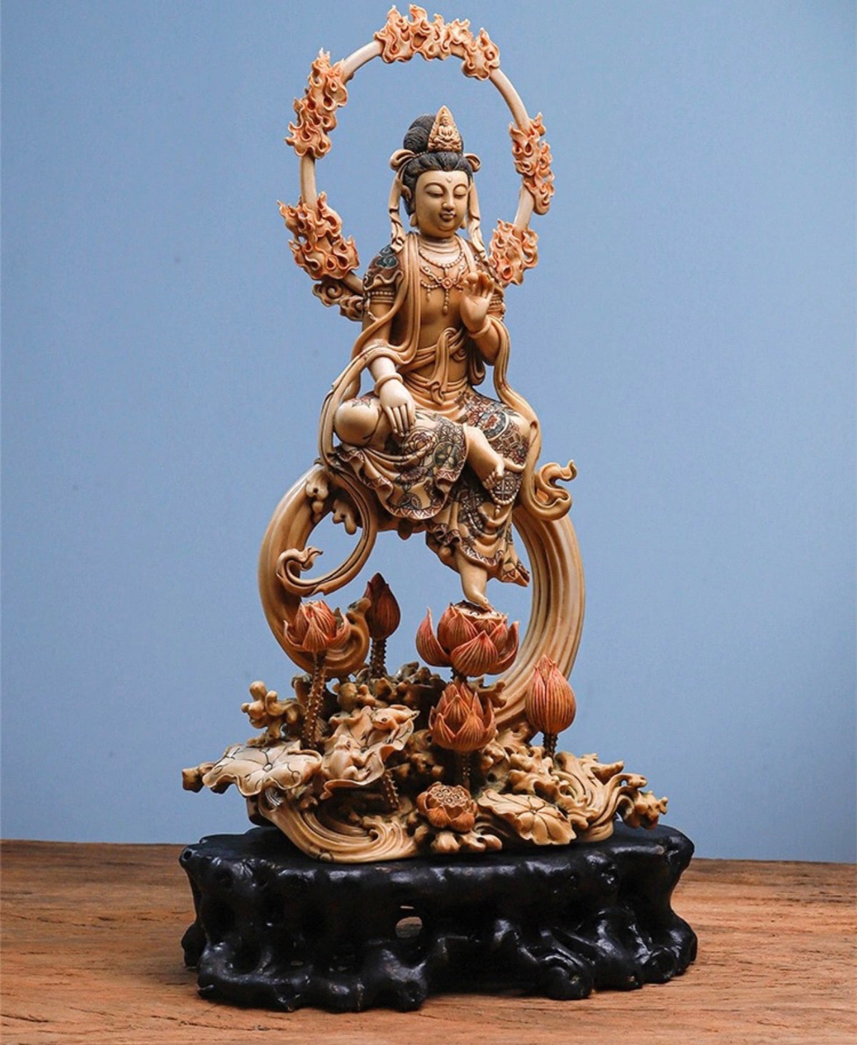 EverestArtStudios Natural Reclaimed Mammoth Ivory Water Moon Guanyin Avalokiteshvara Statue, Hand Carved Bodhisattva Sculpture, Buddhist Altar Decor, Collectible Art