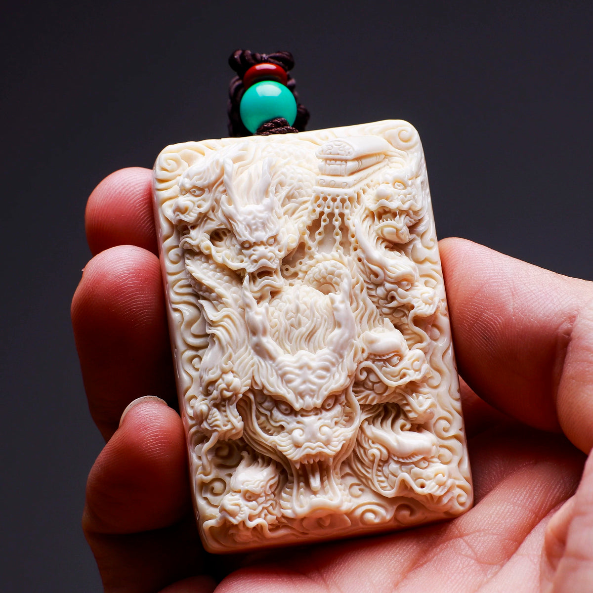 EverestArtStudios Natural Reclaimed Mammoth Ivory Nine Dragons Pendant, Hand Carved Dragon Amulet Necklace, Fortune Talisman Gift