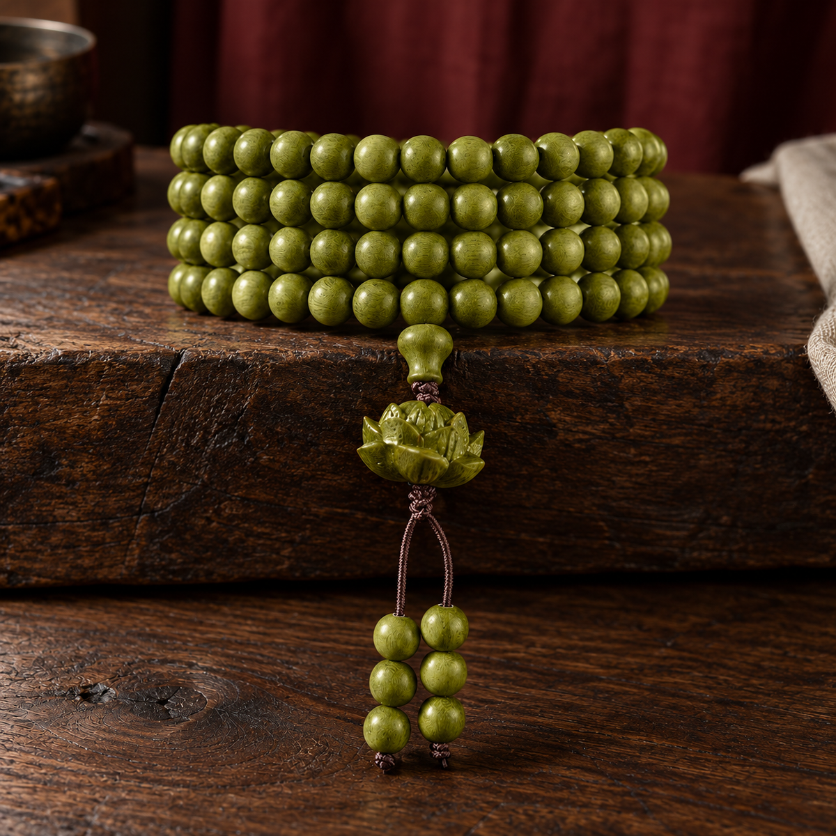 Green wood mala, 8 mm, Lotus