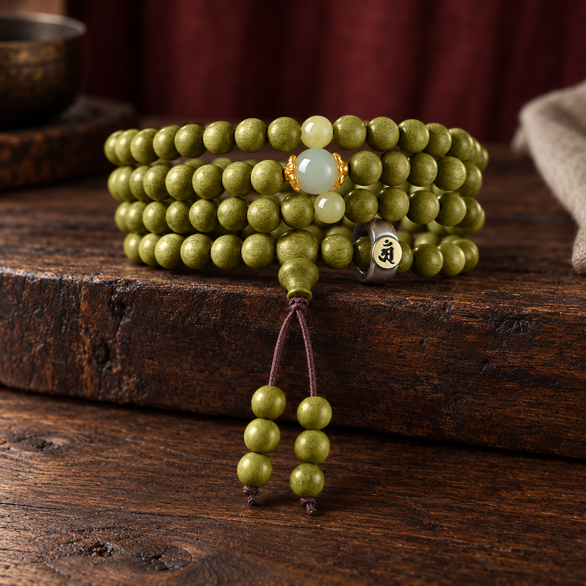 Green wood mala, 6 mm, Horse Symbol