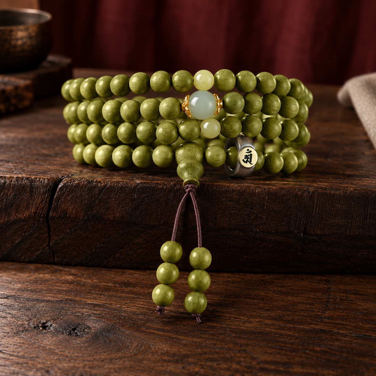 Green wood mala, 6 mm, Rooster Symbol